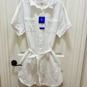 Weatherproof Women's Gauze Midi Dress Size L White Adjustable Belt At Waist NEW